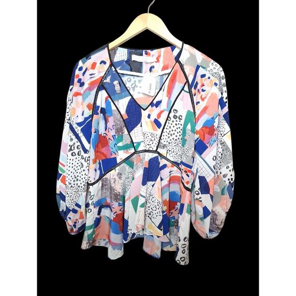 Hunter Bell Grayson Abstract Geometric Watercolor Silk Top Ruffle Peplum Small - Picture 3 of 12
